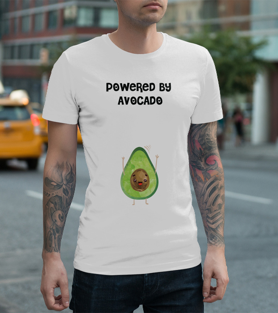 Powered By Avocado Cute Cartoon with Happy Face and Waving Arms T-Shirt