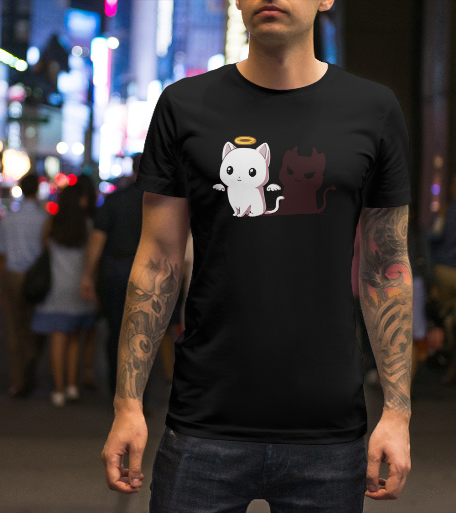 Purr Evil Angel Cat With Devil Shadow T-Shirt