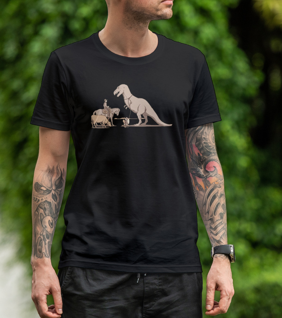 A Big One Medieval Knight Leading T-Rex With Horse And Cow T-Shirt