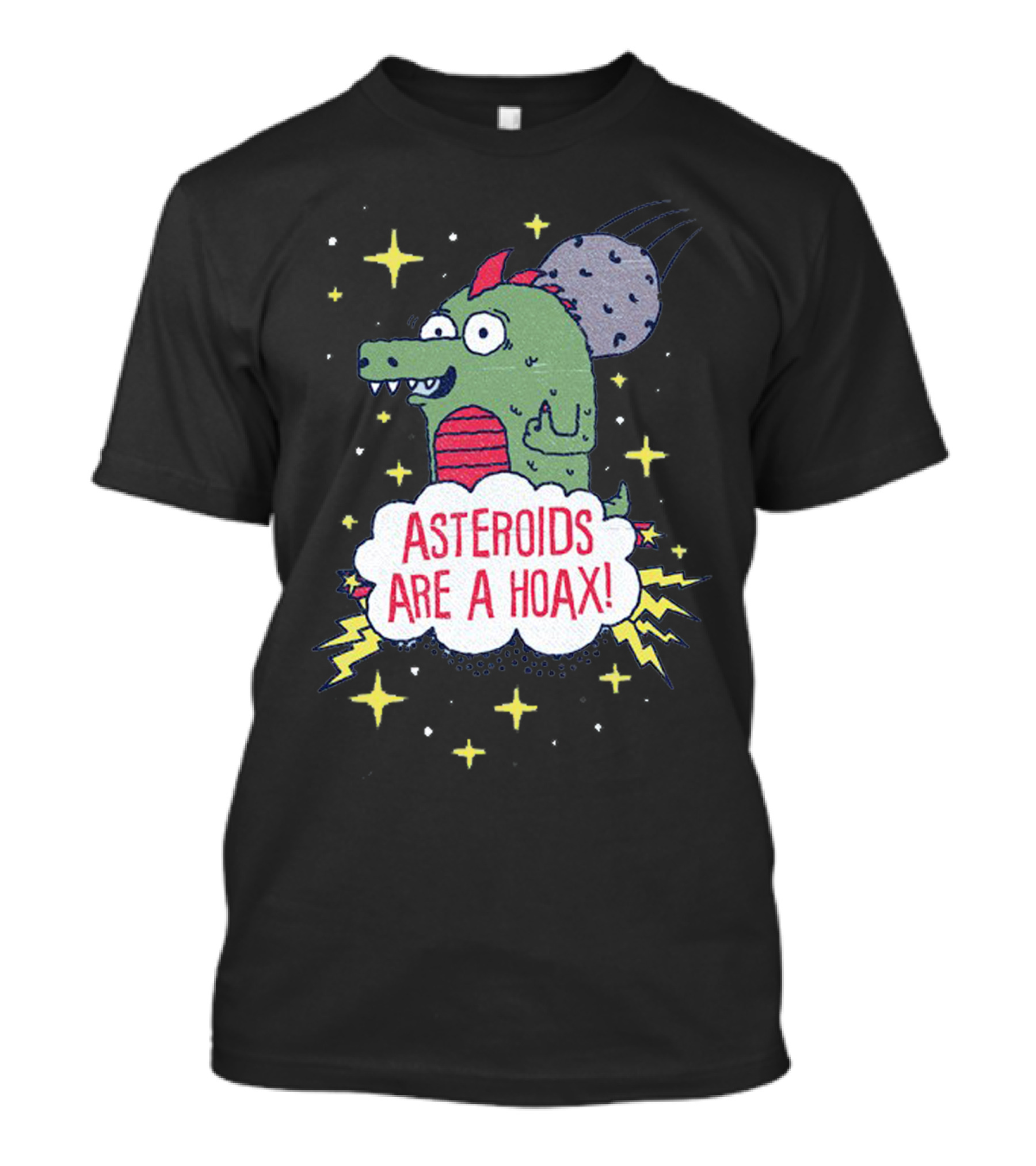 Asteroids Are A Hoax Dinosaur And Meteor In Space With Stars And Lightning T-Shirt