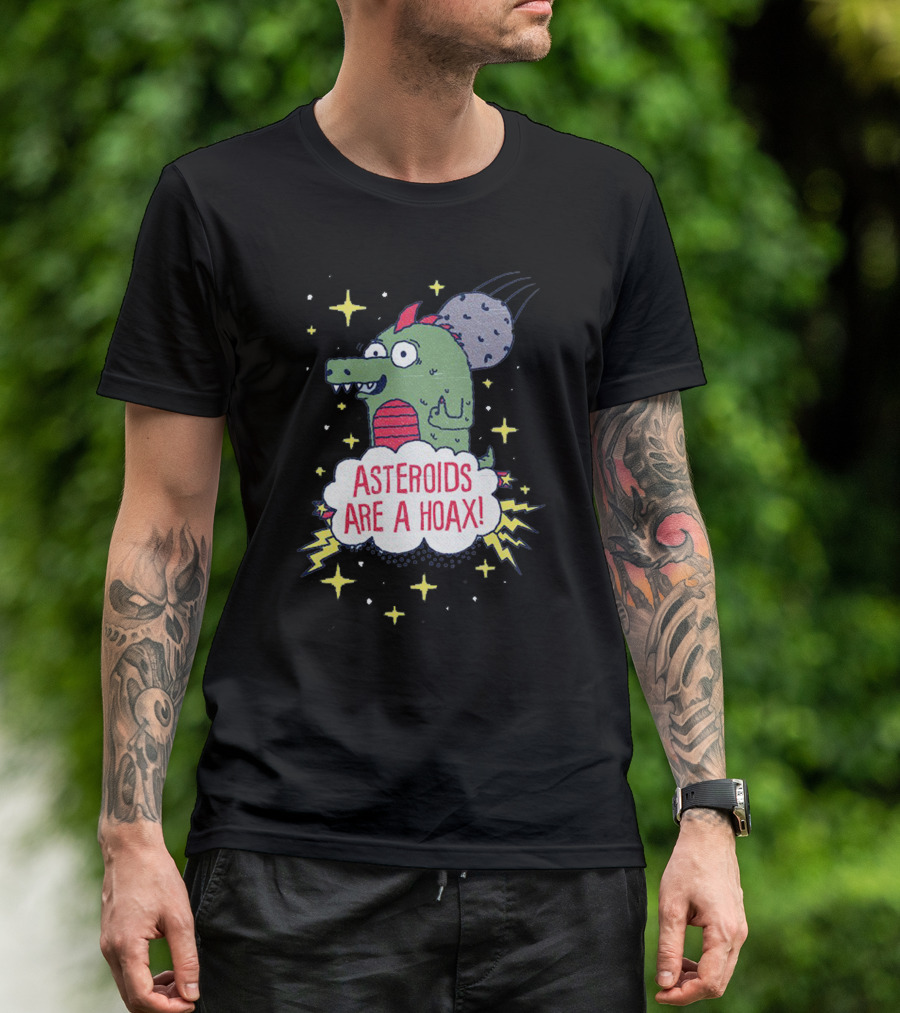 Asteroids Are A Hoax Dinosaur And Meteor In Space With Stars And Lightning T-Shirt