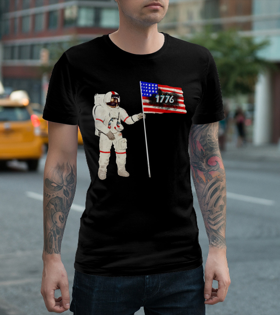 Astronaut Holding American Flag with 1776 T-Shirt