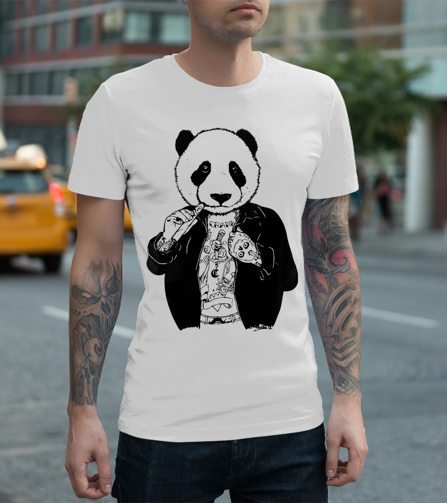 Gangster Panda Tattoo Style Panda Smoking Illustrative T-Shirt
