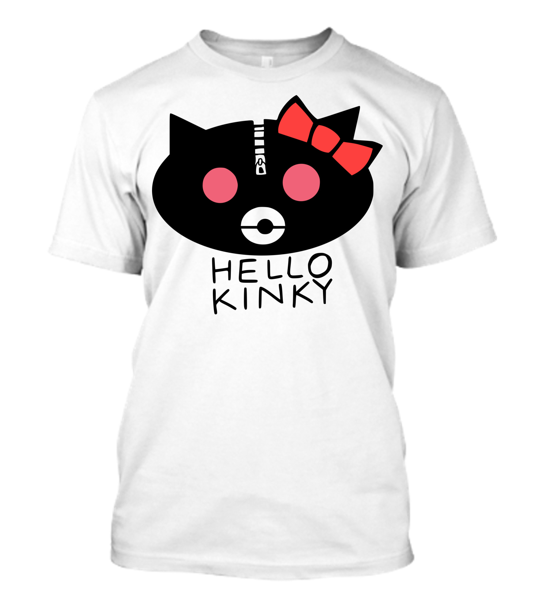 Hello Kinky Cat Head With Red Bow And Zipper Details T-Shirt