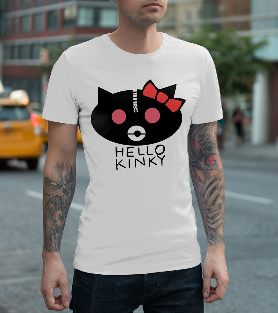 Hello Kinky Cat Head With Red Bow And Zipper Details T-Shirt