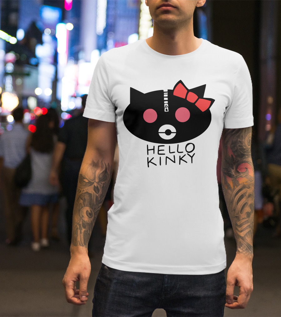 Hello Kinky Cat Head With Red Bow And Zipper Details T-Shirt