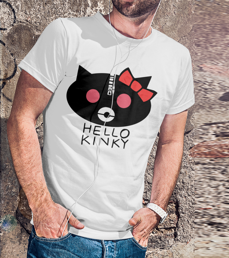 Hello Kinky Cat Head With Red Bow And Zipper Details T-Shirt