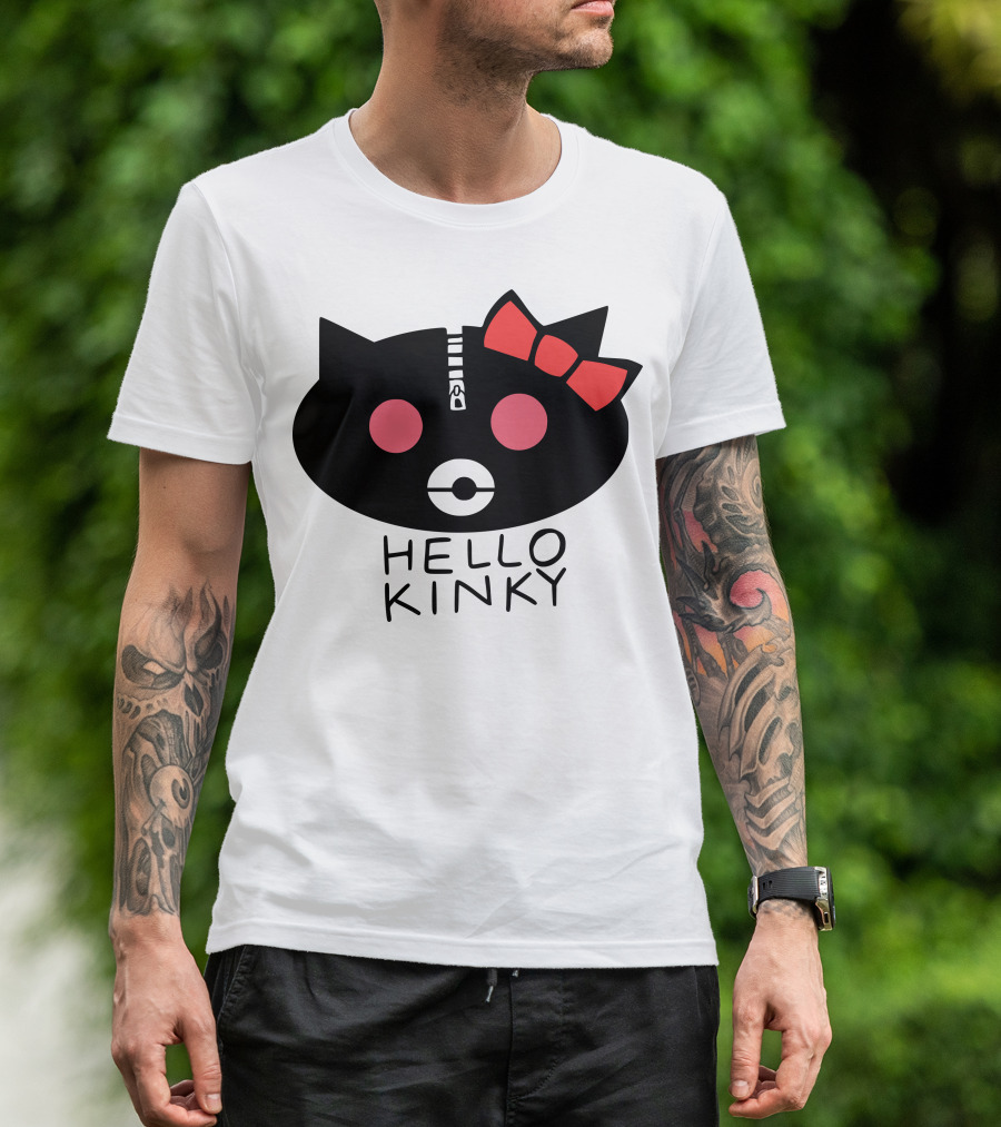 Hello Kinky Cat Head With Red Bow And Zipper Details T-Shirt