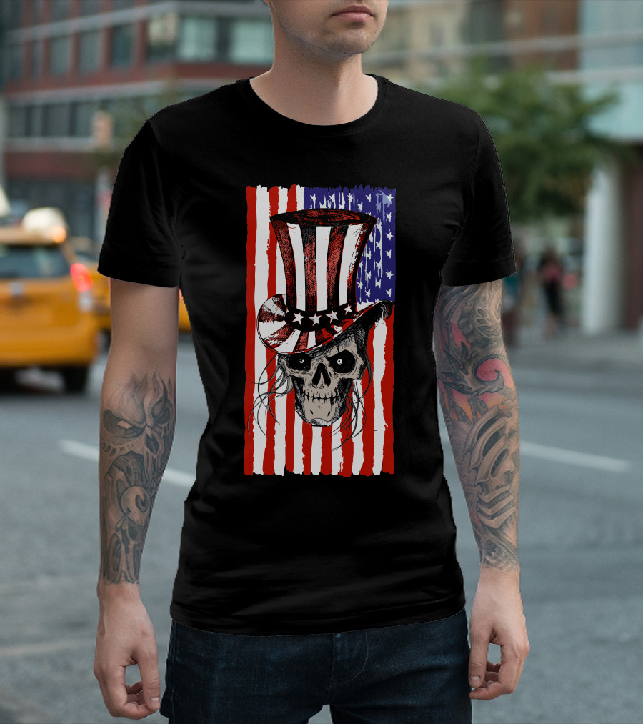 July 4th American Flag Skull With Patriotic Top Hat T-Shirt