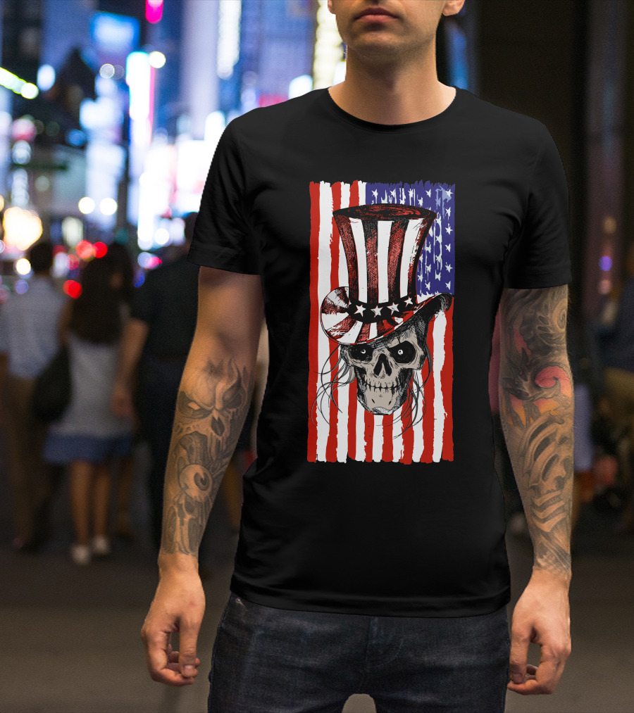 July 4th American Flag Skull With Patriotic Top Hat T-Shirt