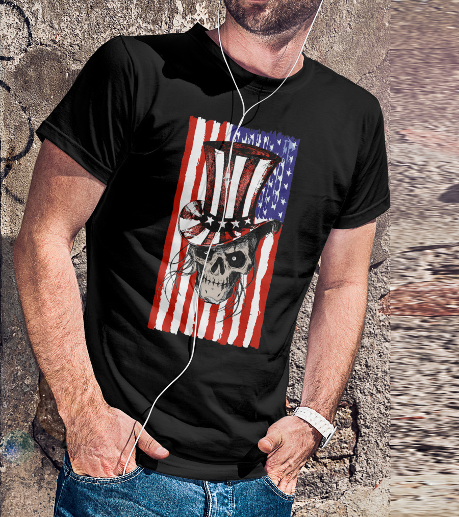 July 4th American Flag Skull With Patriotic Top Hat T-Shirt