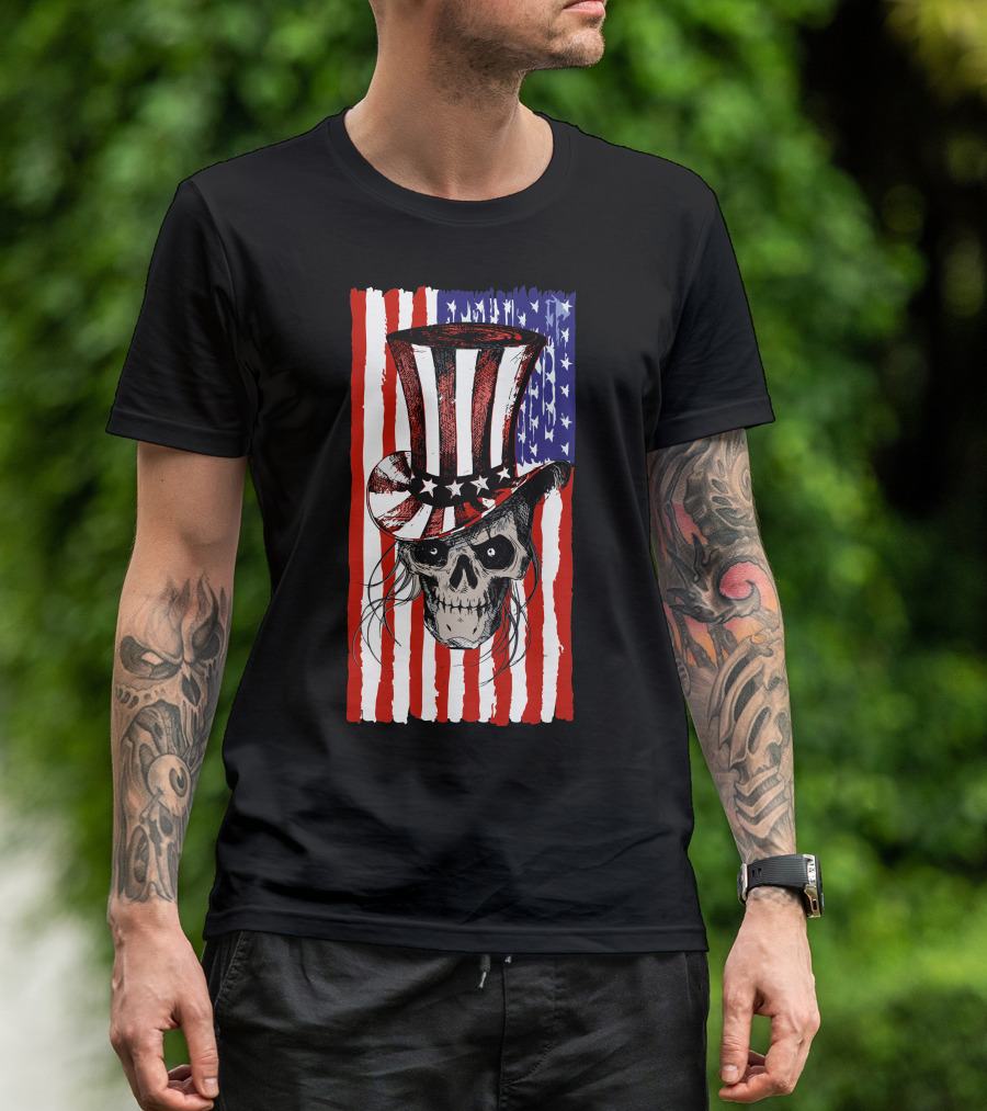 July 4th American Flag Skull With Patriotic Top Hat T-Shirt