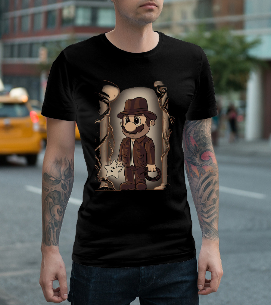 Plumbers Of The Lost Star Mario-Style Adventurer with Fedora and Whip T-Shirt