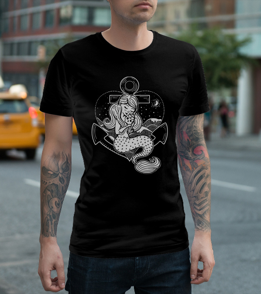Sailors Beware Enchanted Mermaid Embrace With Anchor And Starry Night T-Shirt