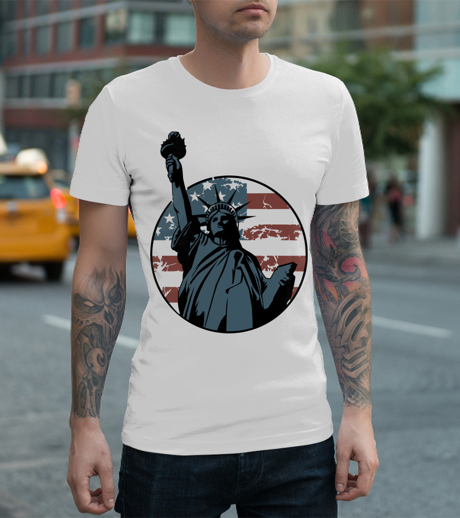 Liberty Statue With US Flag Background T-Shirt