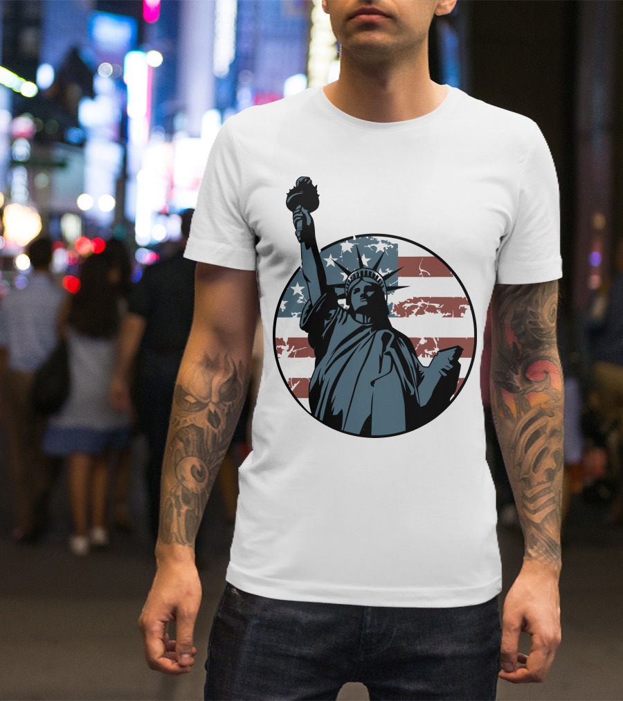 Liberty Statue With US Flag Background T-Shirt