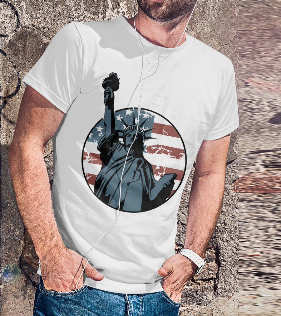 Liberty Statue With US Flag Background T-Shirt
