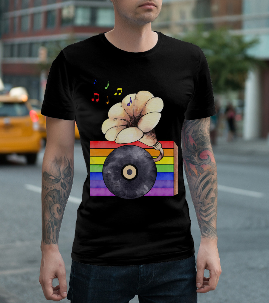 Rainbow Vinyl Music Ceremony with Gramophone and Notes T-Shirt