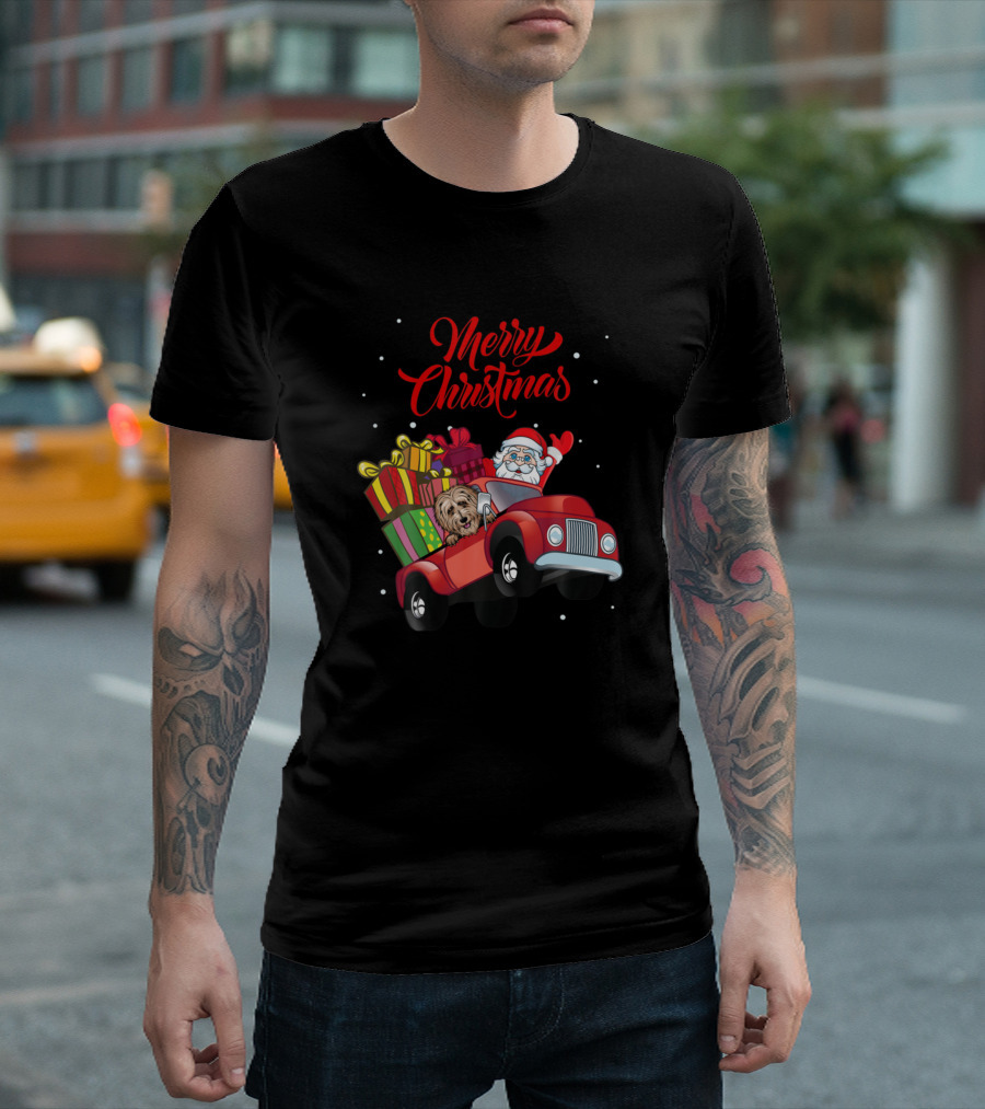 Merry Christmas Goldendoodle Santa Claus Red Truck T-Shirt