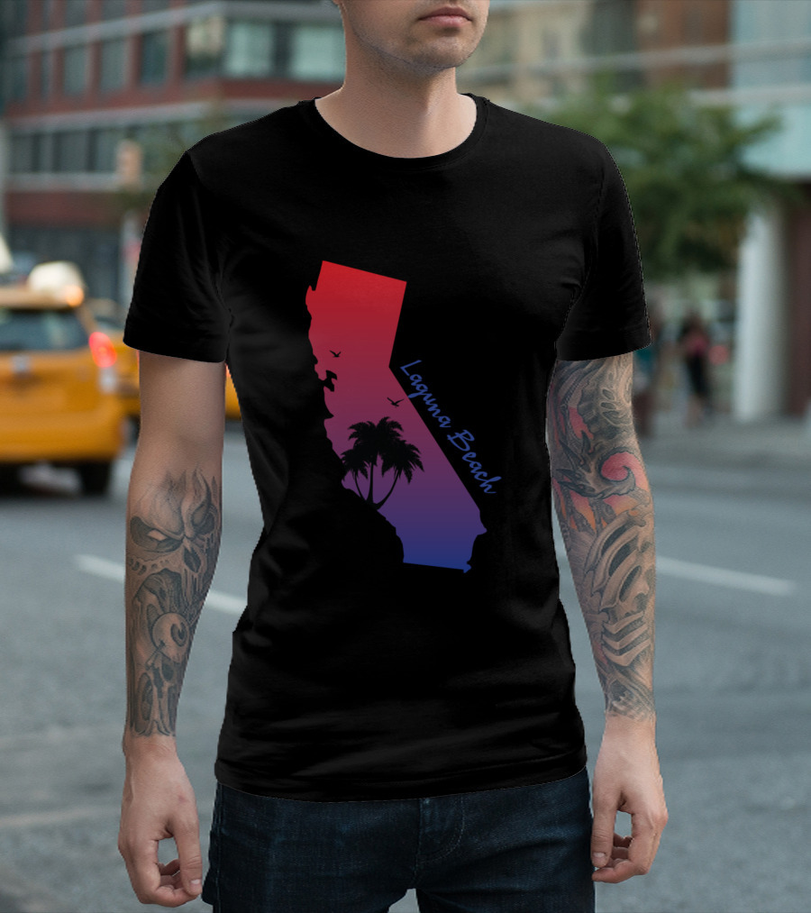 Laguna Beach California Gradient Map with Palm Trees and Birds T-Shirt