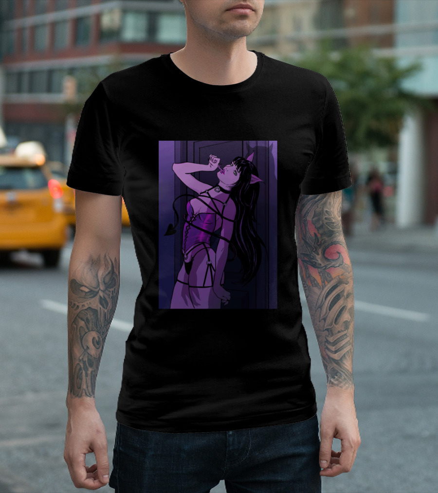 Meeeeoooow Catgirl With Devil Tail Ears And Corset In Dark Anime T-Shirt