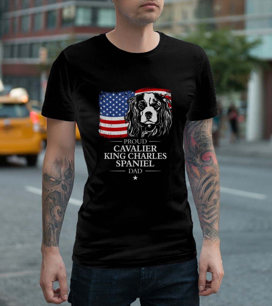 Proud Cavalier King Charles Spaniel Dad American Flag T-Shirt