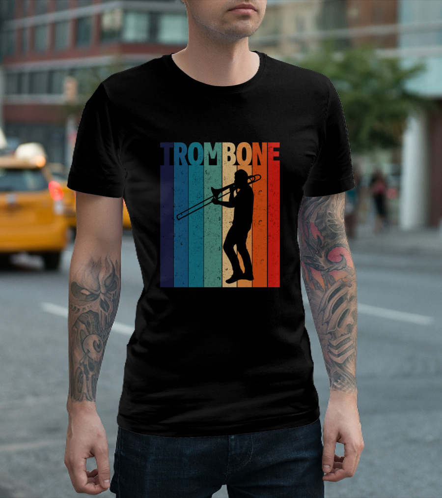 Trombone Retro Silhouette Musician Stripes T-Shirt
