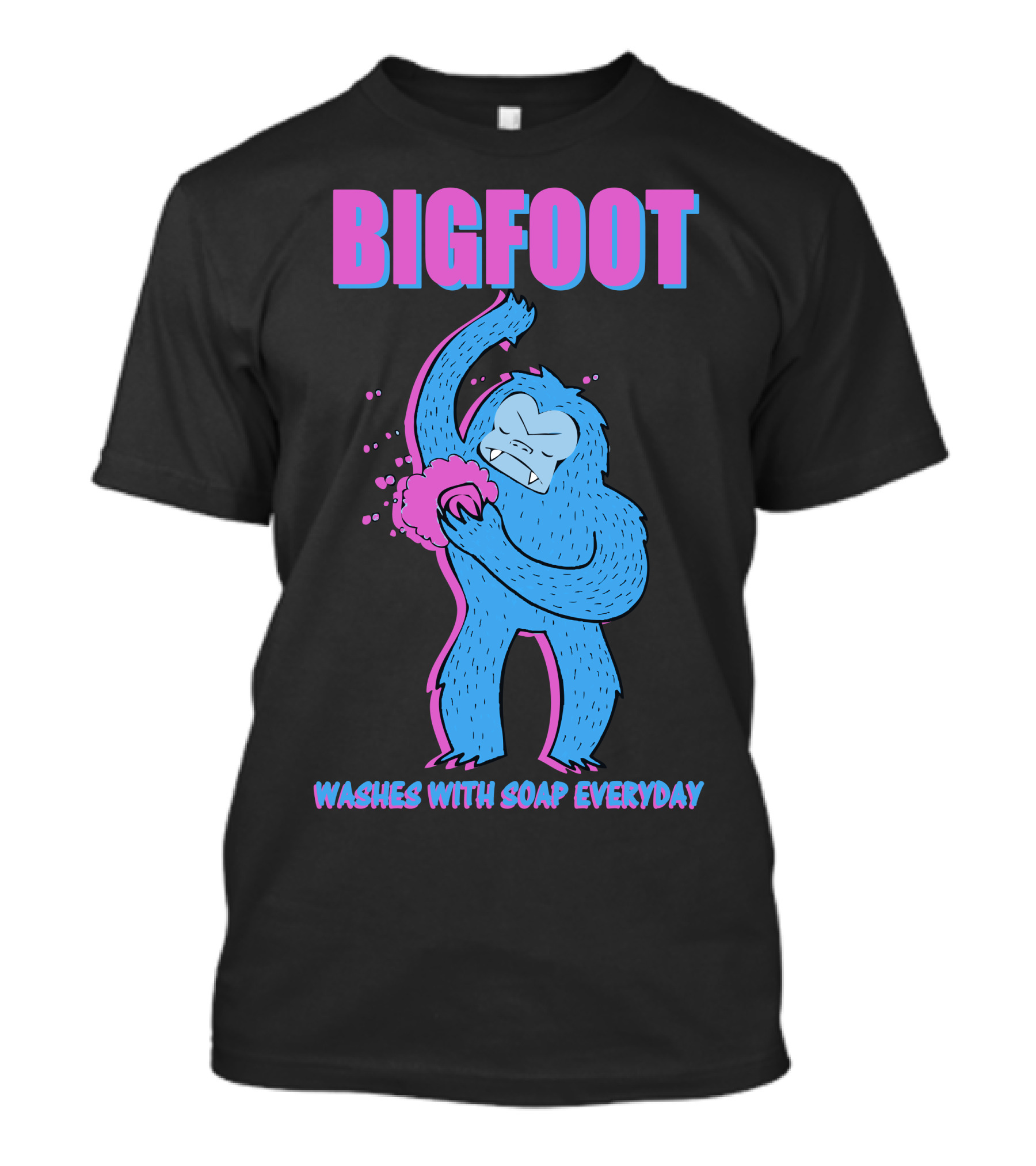 Bigfoot Washes With Soap Everyday Blue Creature Posing With Lathered Loofah T-Shirt