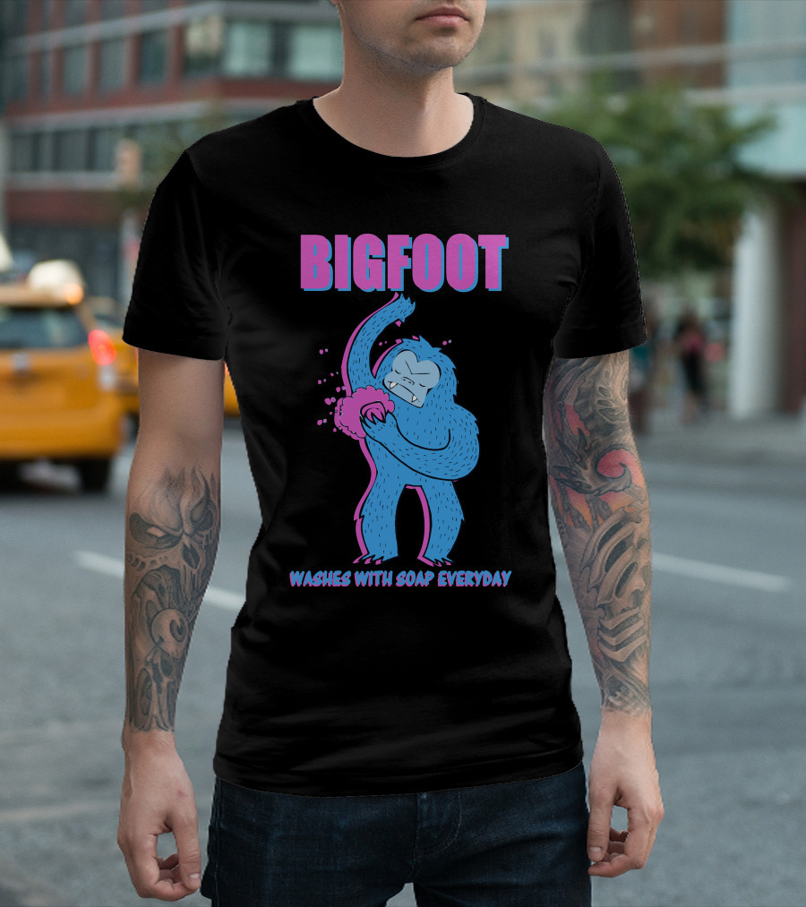 Bigfoot Washes With Soap Everyday Blue Creature Posing With Lathered Loofah T-Shirt