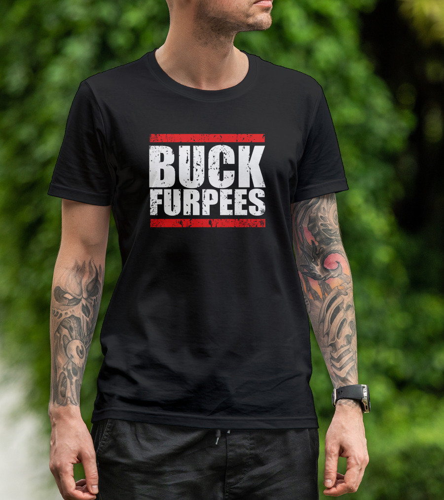 BUCK FURPEES Bold White Text Red Stripes T-Shirt