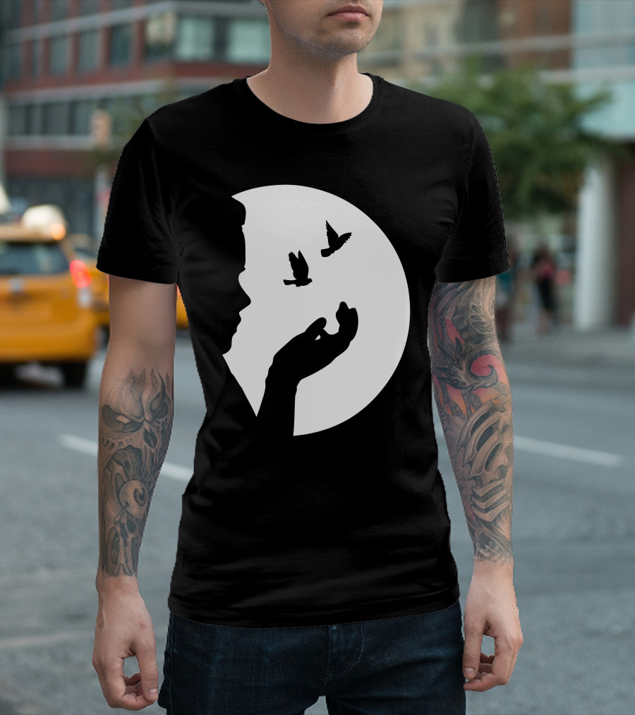 Catch and Release Silhouette with Birds Against Full Moon T-Shirt