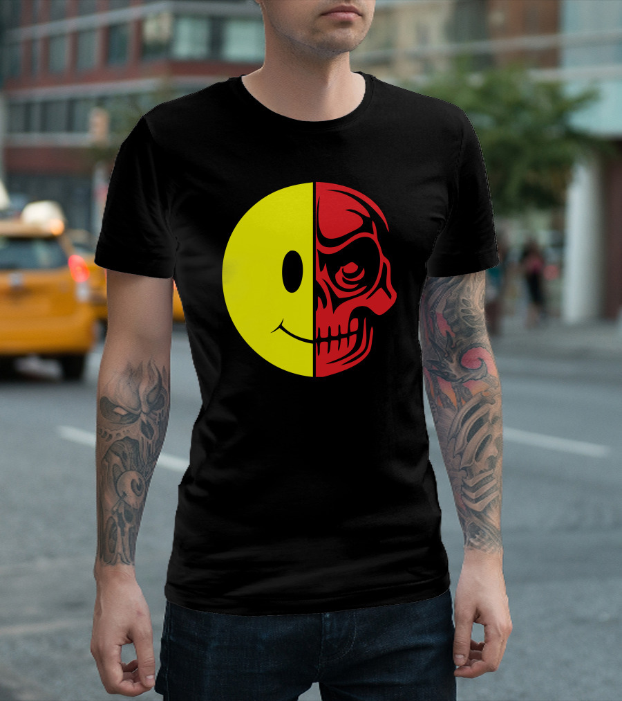 Cru Skull Half Smiley Half Skull Face T-Shirt