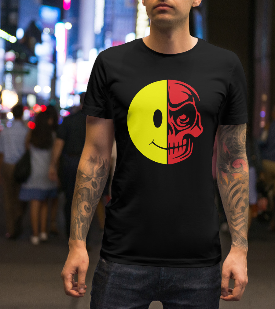 Cru Skull Half Smiley Half Skull Face T-Shirt
