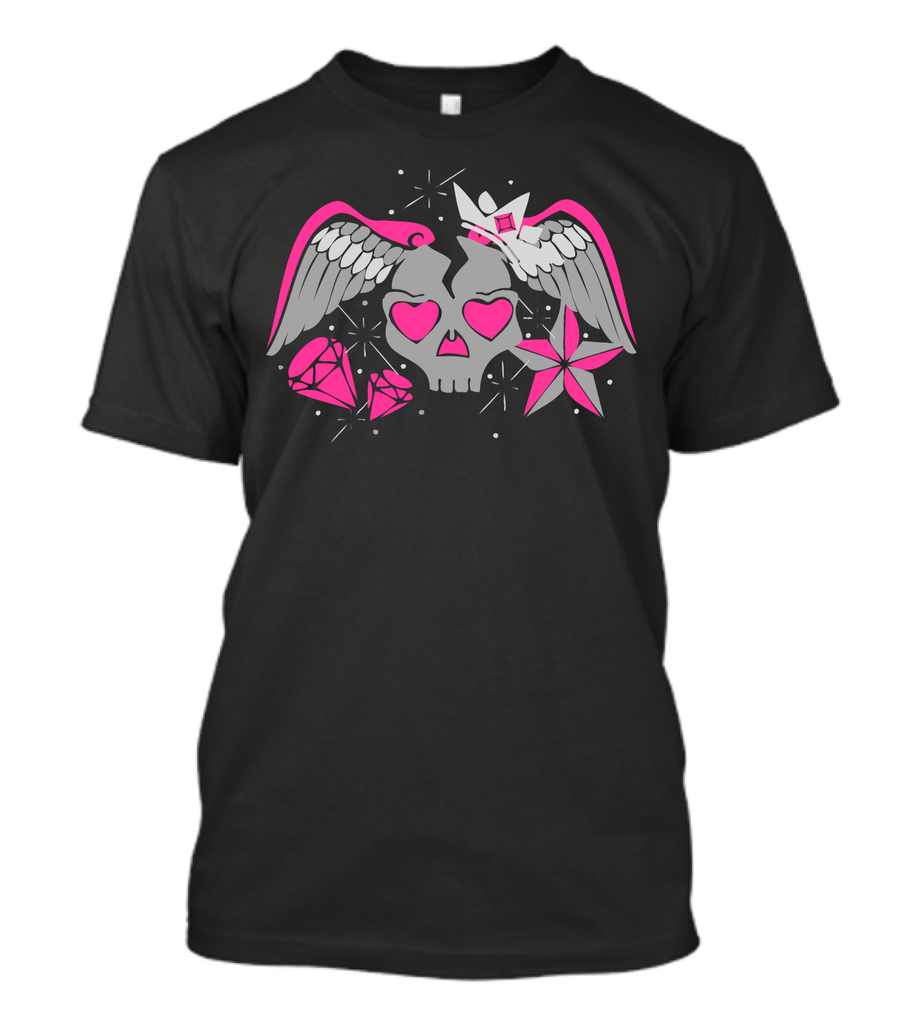 Cute Pink Skull With Wings Heart Eyes And Star Diamond Elements T-Shirt