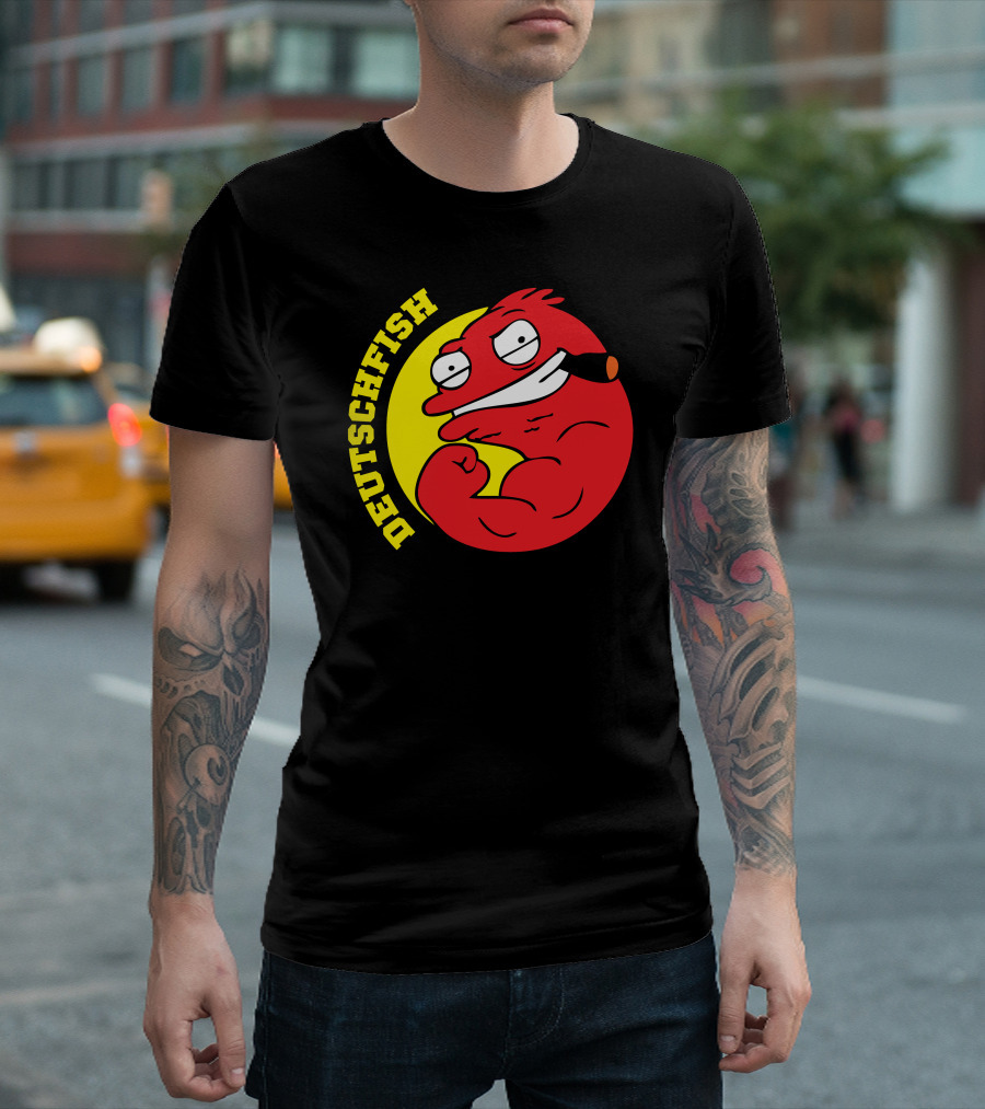 DEUTSCHFISH Cartoon Red Character With Pipe In Yellow Circle T-Shirt