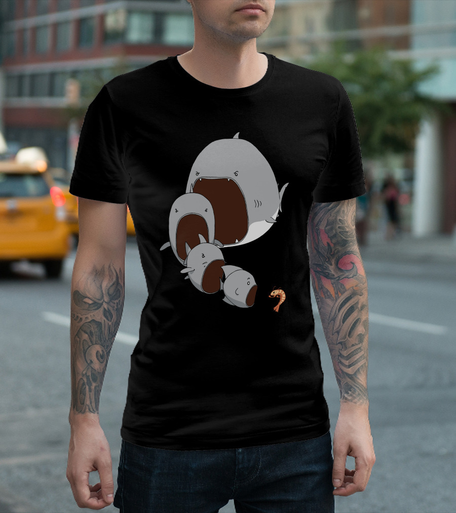 Shrimp Meets Hungry Shark Chain In Fish Food Ocean Scene T-Shirt