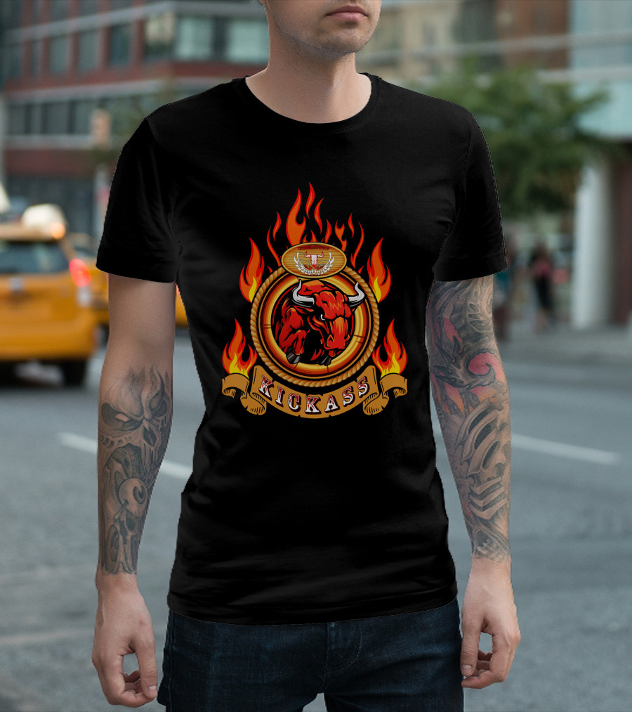 Kickass Bull Flaming Ring Emblem T-Shirt