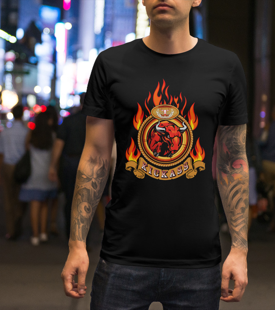 Kickass Bull Flaming Ring Emblem T-Shirt