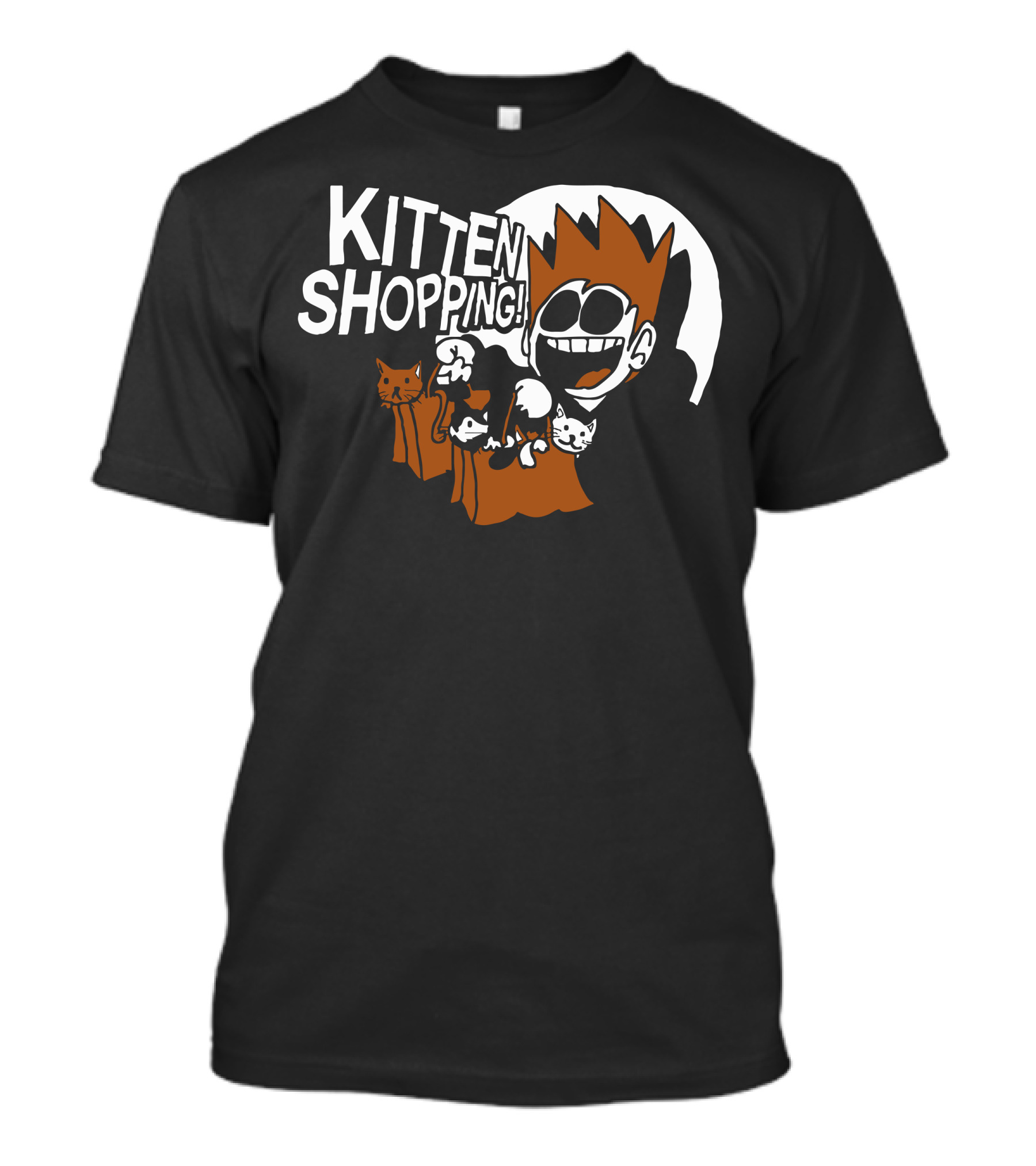 KITTEN SHOPPING Smiling Cartoon Character With Cats T-Shirt