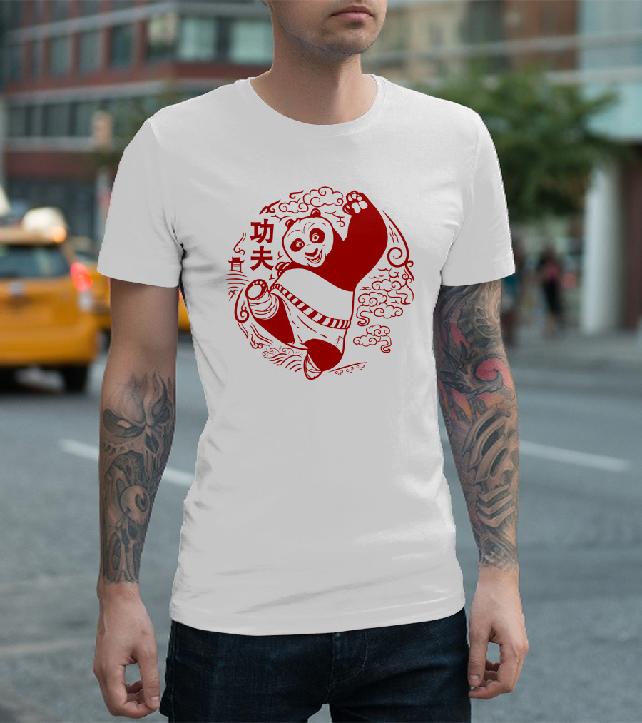 Kungfu Kick Panda With Red Cloud Swirls T-Shirt