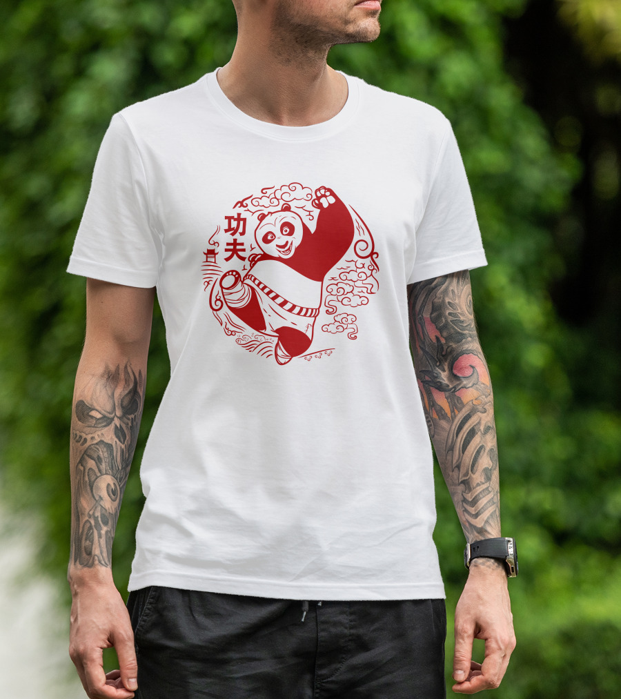 Kungfu Kick Panda With Red Cloud Swirls T-Shirt