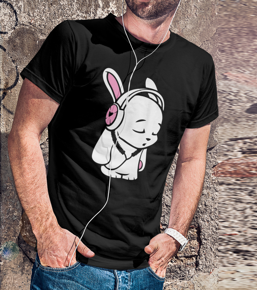 Love Music Bunny Wearing Heart Headphones Cartoon T-Shirt