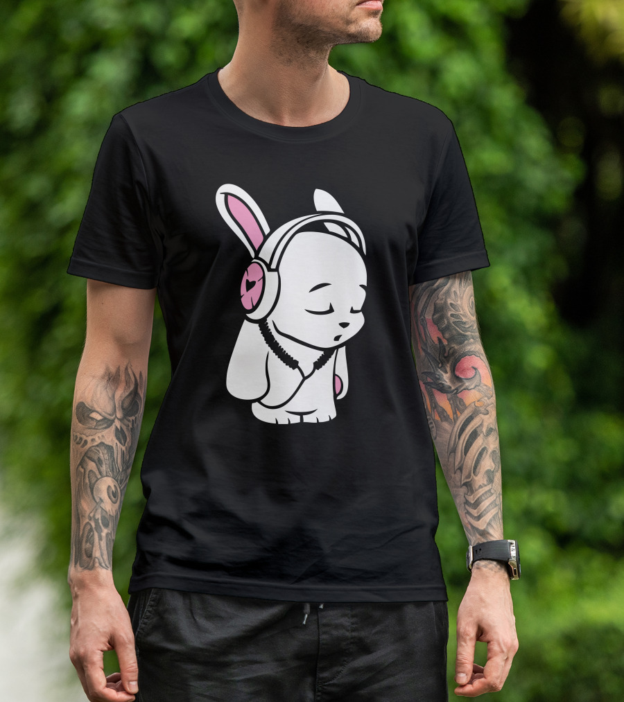 Love Music Bunny Wearing Heart Headphones Cartoon T-Shirt