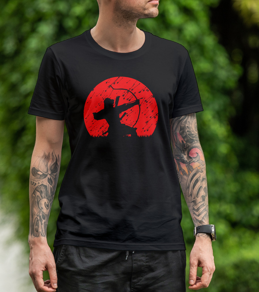 Oni Under Fire Archer Silhouette Against Red Sun T-Shirt