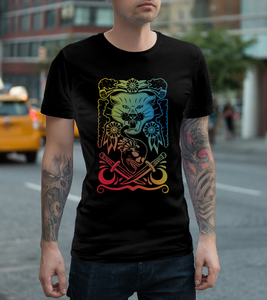 Phanter Blade Skull Panther Tattoo Style Skull With Crossed Swords T-Shirt