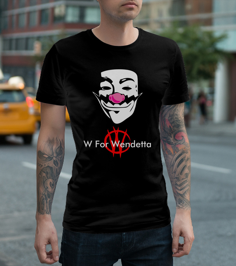 W For Wendetta Guy Fawkes Mask with Pink Nose and Red T-Shirt