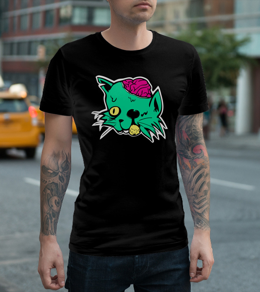 Zombie Cat Brain Biting Cartoon T-Shirt