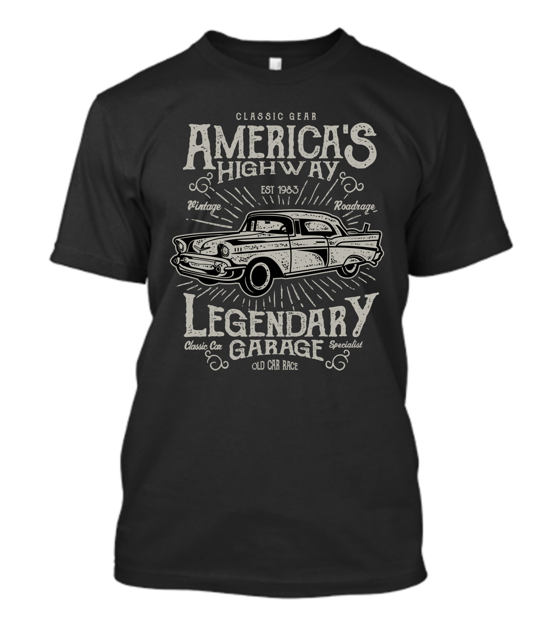 Classic Gear America's Highway Legendary Garage Vintage Roadrace Classic Car Specialist Old Car Race T-Shirt