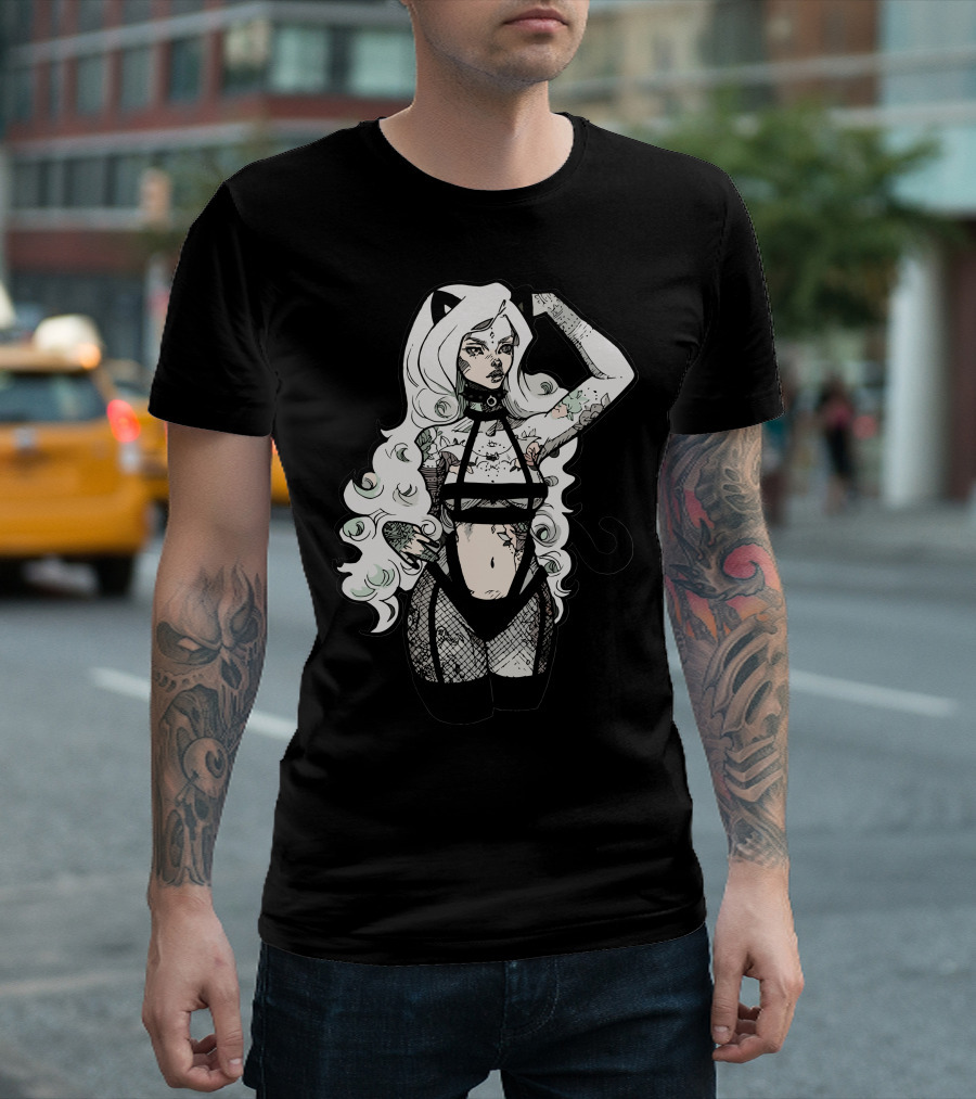 Cat Ears White-Haired Tattooed Figure in Black Straps T-Shirt