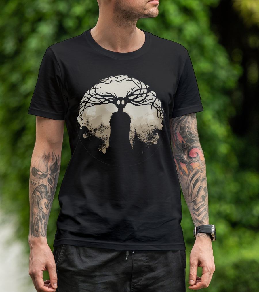 Garden Dark Silhouette With Tree Branch Antlers T-Shirt